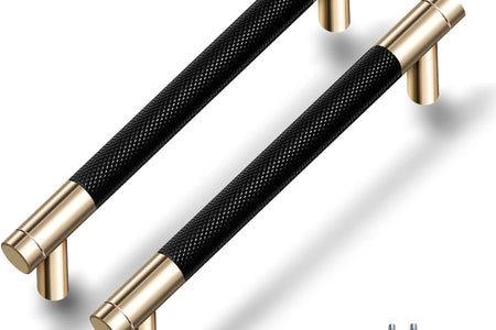 12 Pack 5 Inch 128 Mm Knurled Cabinet Handles Cabinet Pulls Aluminum Handles Knurled Drawer Pulls Gold and Black Oxidation Finish with Diamond Pattern 6.2" Length (5" Hole Center)