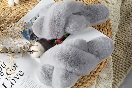 Women'S Cross Band Slippers Soft Plush Furry Cozy Open Toe House Shoes Indoor Outdoor Faux Rabbit Fur Warm Comfy Slip on Breathable
