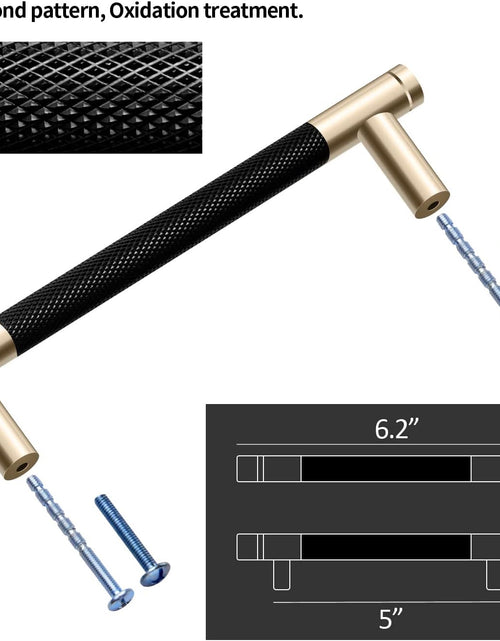 Load image into Gallery viewer, 12 Pack 5 Inch 128 Mm Knurled Cabinet Handles Cabinet Pulls Aluminum Handles Knurled Drawer Pulls Gold and Black Oxidation Finish with Diamond Pattern 6.2" Length (5" Hole Center)

